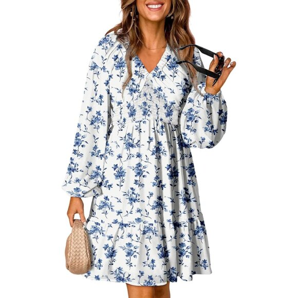 Women's Floral V Neck Long Sleeve Smocked Elastic Waist A-Line Mini Dress - Picture 1 of 3